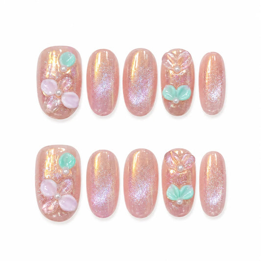 Aurora Pearl Short Oval Press-On Nails - Pink Aurora 3D Flower Pearl Dreamy Art 💗✨