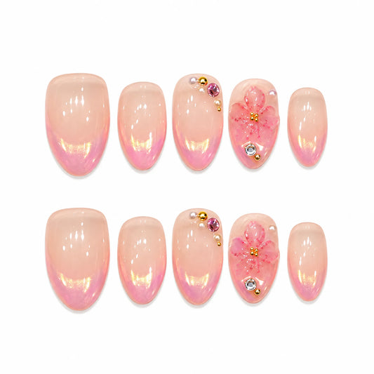 Rose Quartz Glow ✨ Short Oval Press-On Nails - Nude Pink French Chrome Aurora Shimmer