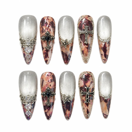Antique Relic Long Stiletto Press-On Nails - Brown Cat-Eye Shimmer Vintage Cameo Art