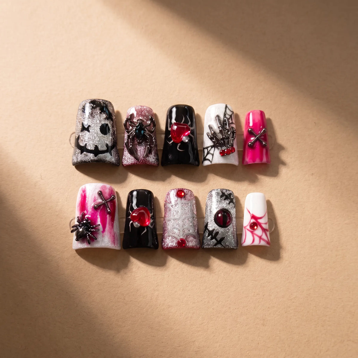 Web of Hearts Short Coffin Press-On Nails - Gothic Halloween with Spider and Rose Art