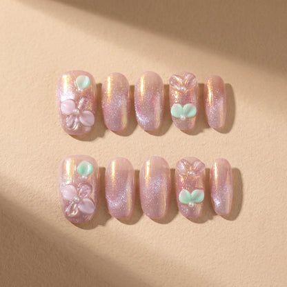 Aurora Pearl 10-piece handmade press-on nail set with 3D floral and pearl designs - product flat lay 💗