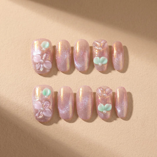 Aurora Pearl 10-piece handmade press-on nail set with 3D floral and pearl designs - product flat lay 💗
