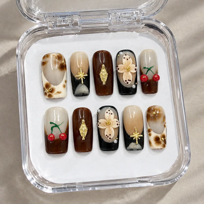 Autumn Cherry Luxe handmade Long Square press-on nail set arranged in a clear presentation case