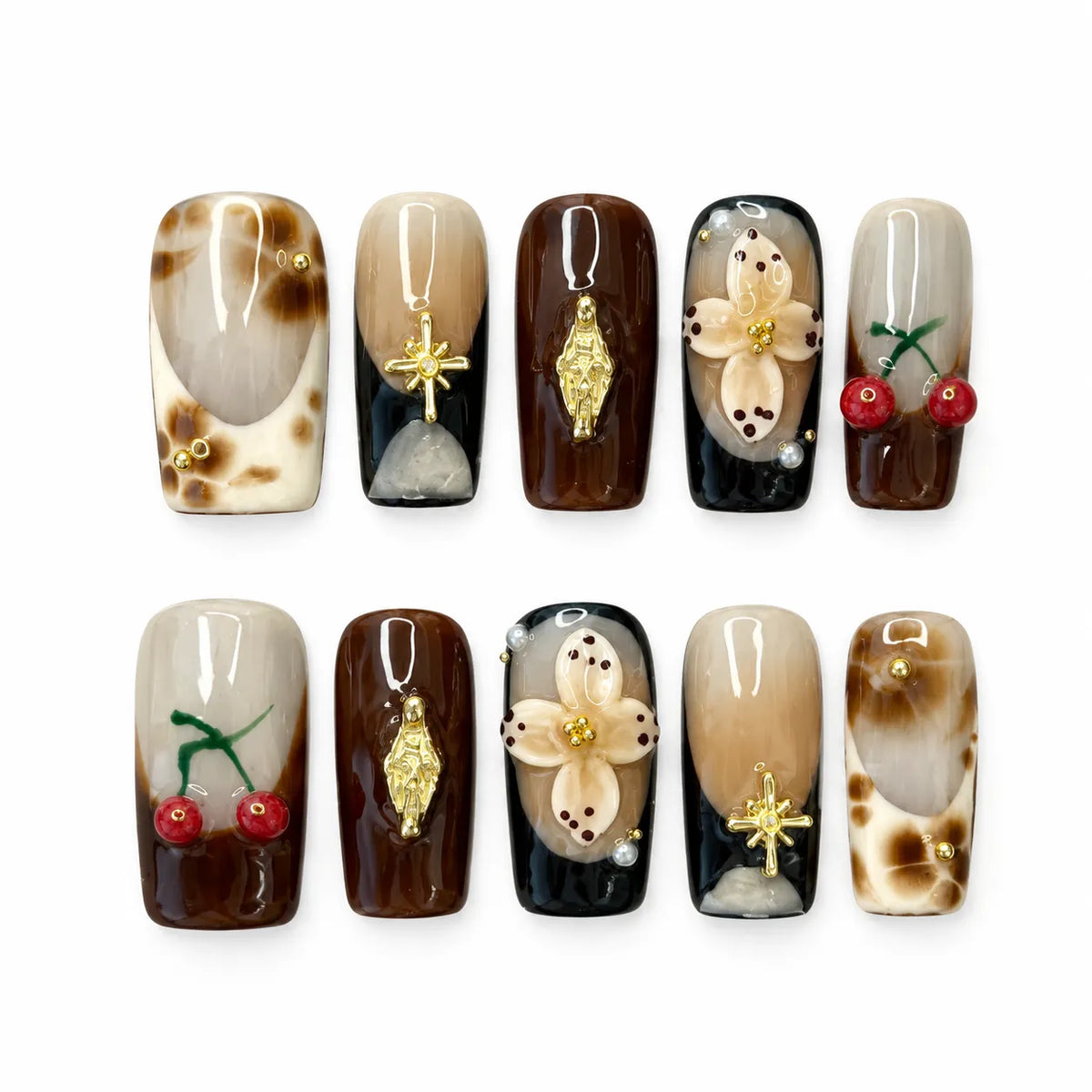 Autumn Cherry Luxe NM-C095 Long Square press-on nail set with brown nude cherry floral and gold designs