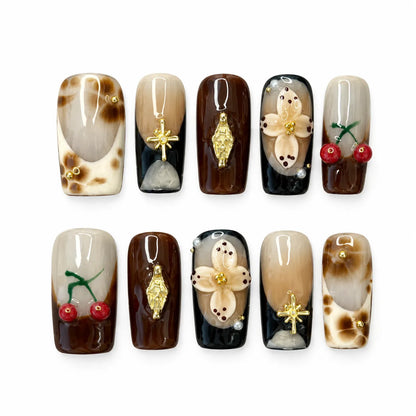 Autumn Cherry Luxe NM-C095 Long Square press-on nail set with brown nude cherry floral and gold designs
