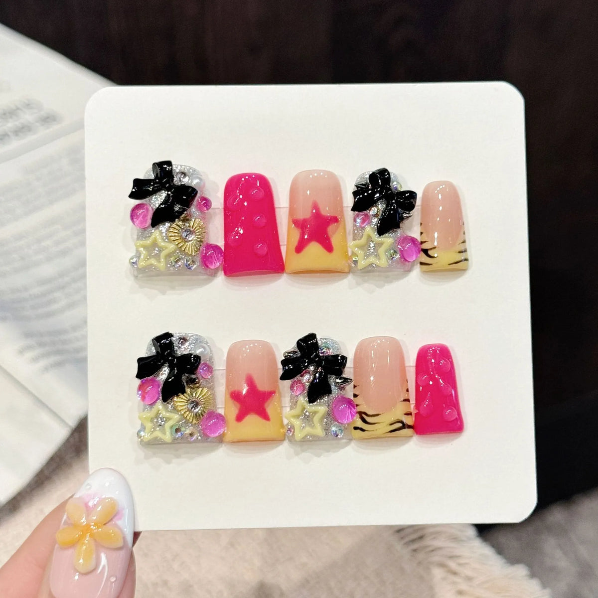 Black Butterfly short duck press-on nails with star contrast bold edgy design on hand - lifestyle shot 🦋⭐