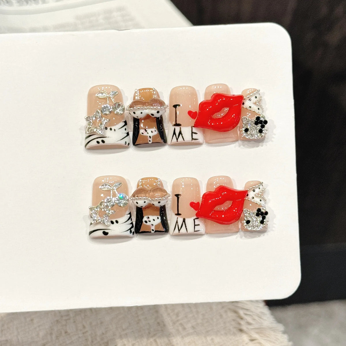 Blazing Kiss long duck press-on nails with red lips bold statement design on hand - lifestyle shot 💋🔥