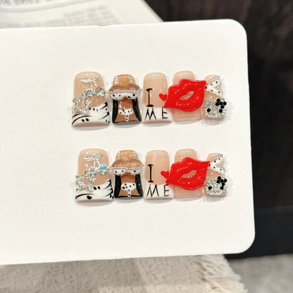 Blazing Kiss long duck press-on nails with red lips bold statement design on hand - lifestyle shot 💋🔥