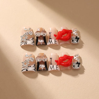 Blazing Kiss 10-piece handmade press-on nail set with red lips bold designs - product flat lay 💋