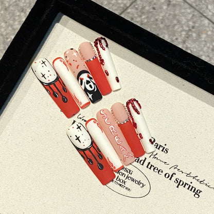 Bloody Ketchup Skull 2136 Extra Long Pipe Coffin press-on nail set with red drips and skull art