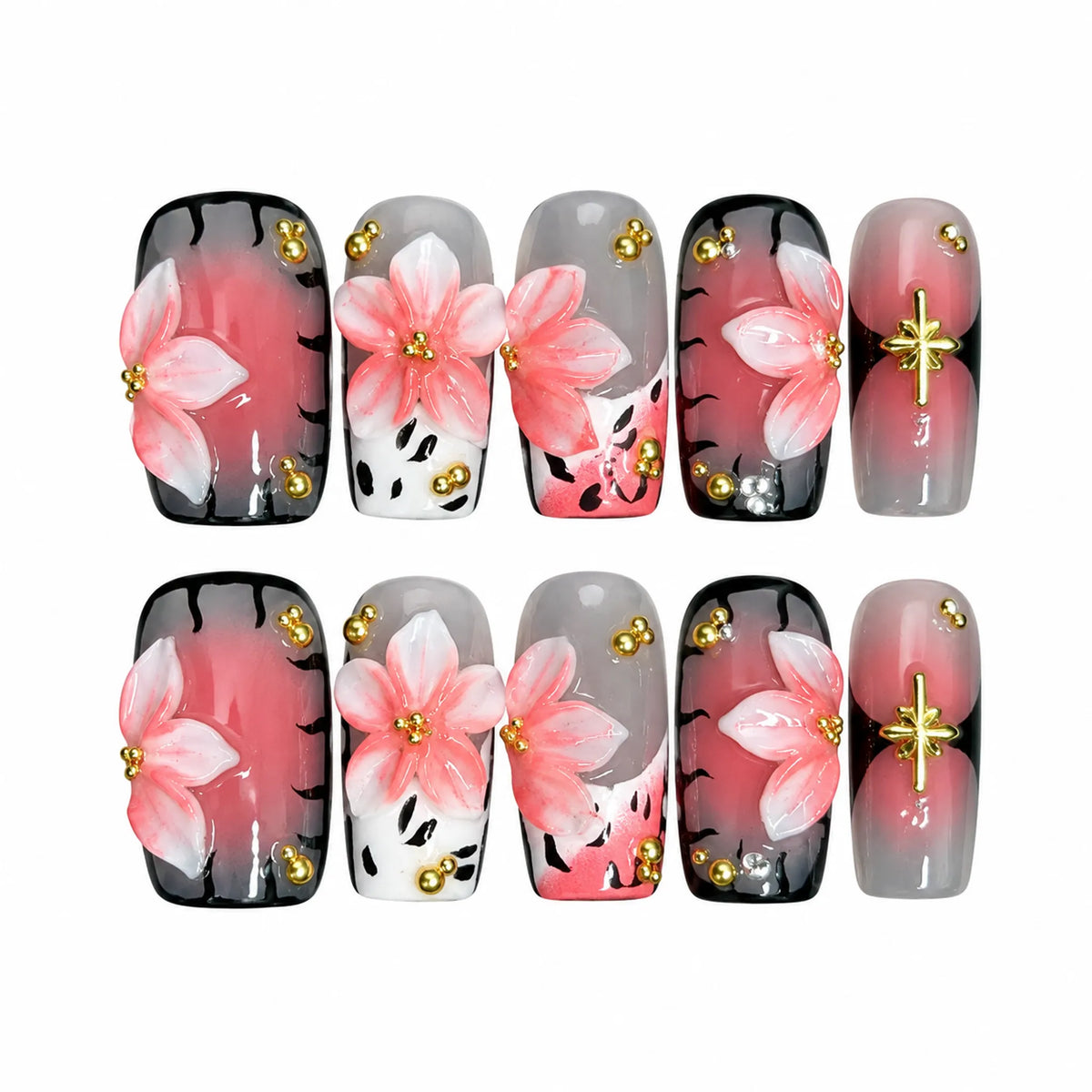Blush Noir Sakura NM-C262 Medium Coffin press-on nail set with pink flowers, black gradients, and gold beads