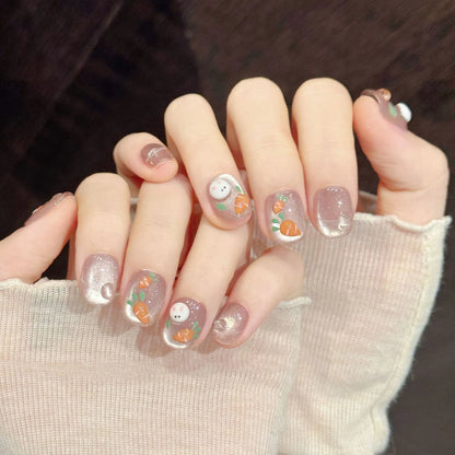 Bunny Carrot square nails angled view showing 3D bunnies, carrots, and cute cartoon art