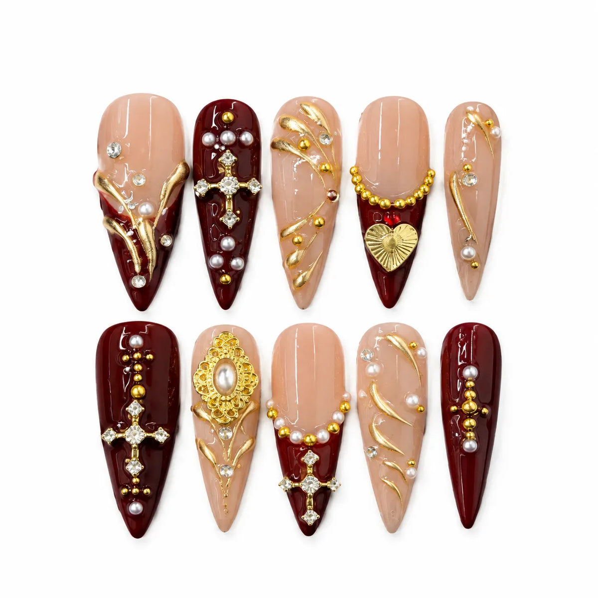 Burgundy Reliquary NM-Z220 Long Stiletto press-on nail set with crosses pearls and gold details