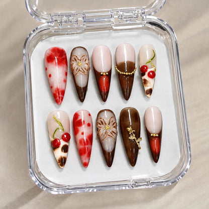 Cherry Mocha Bloom NM-C017 handmade nail set arranged in a clear presentation case