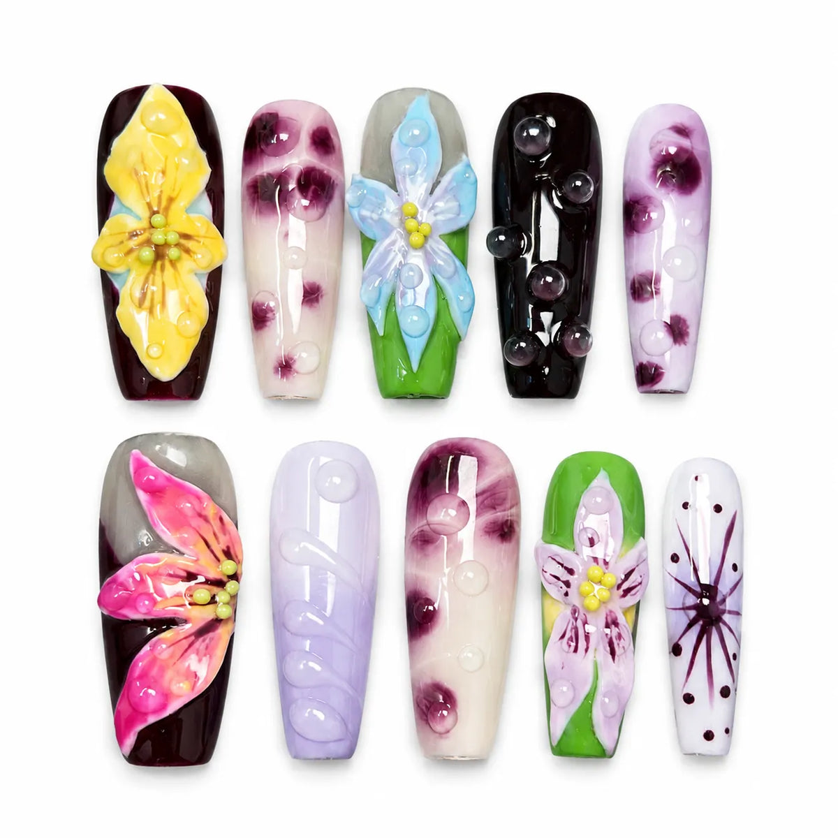 Chromatic Orchid Dew NM-A002 Medium Coffin nail set with colorful 3D flowers and raised dew-drop bubbles