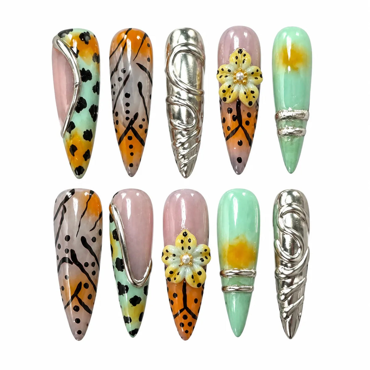 Chrome Wildflower Fusion NM-Z189 Long Stiletto nail set with mint orange spots flowers and silver relief