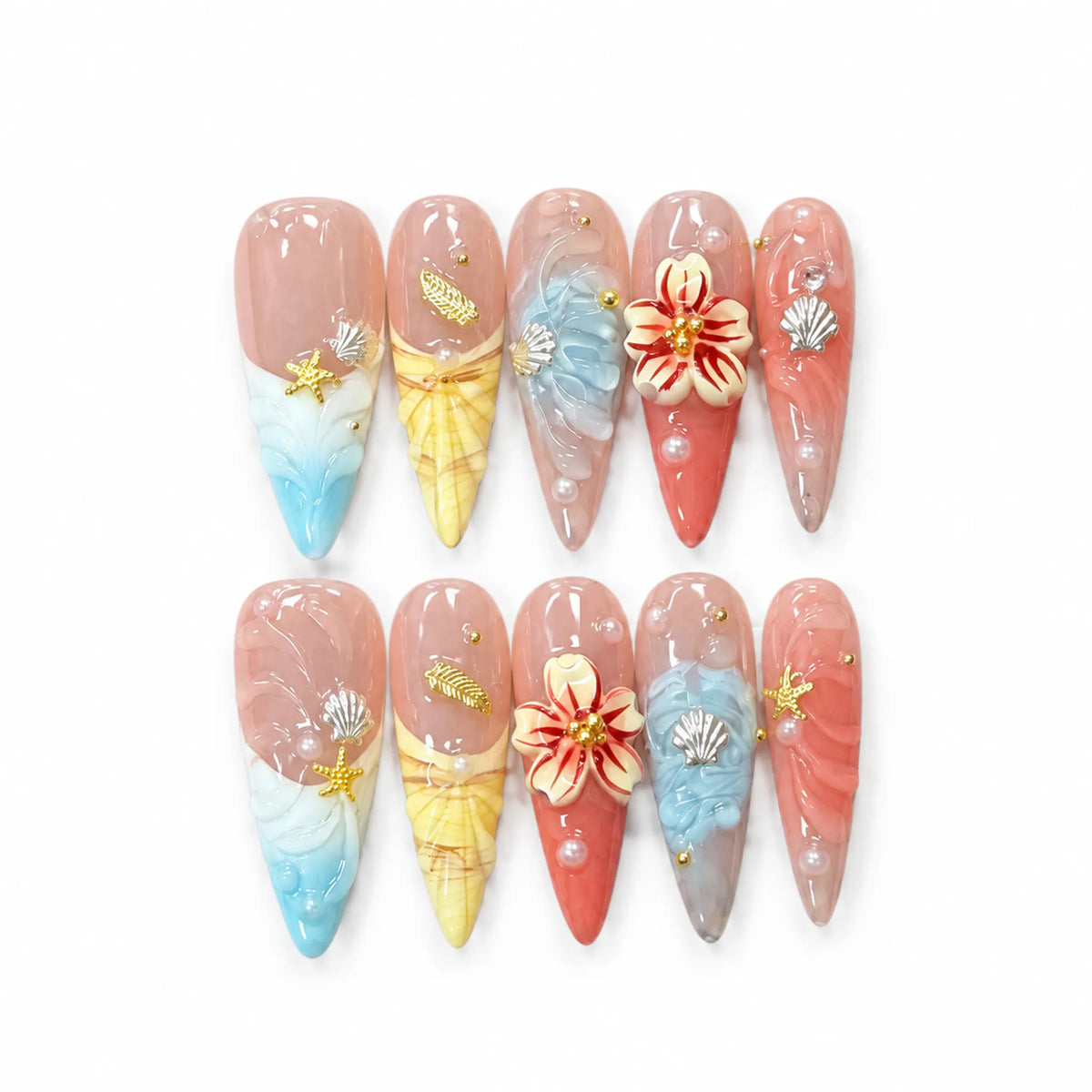 Coastal Bloom NM-C106 Long Stiletto press-on nail set with colorful shell textures, flower, starfish, and pearls