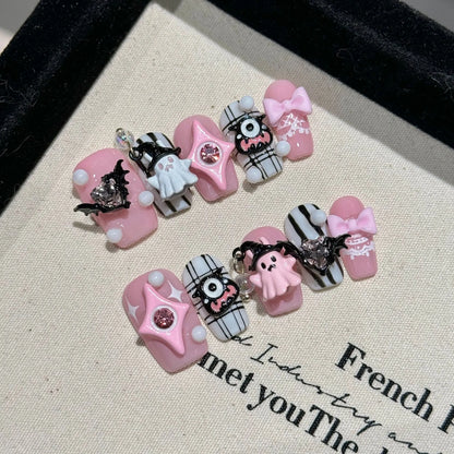 Devil Heart 2377 short coffin press-on nail set with pink 3D charms, ghost, bat and monster eye