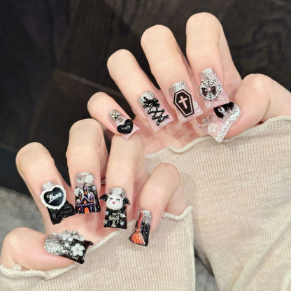 Devil Night duck nails angled view showing holographic shimmer, color-block design, and gothic elements 🔥