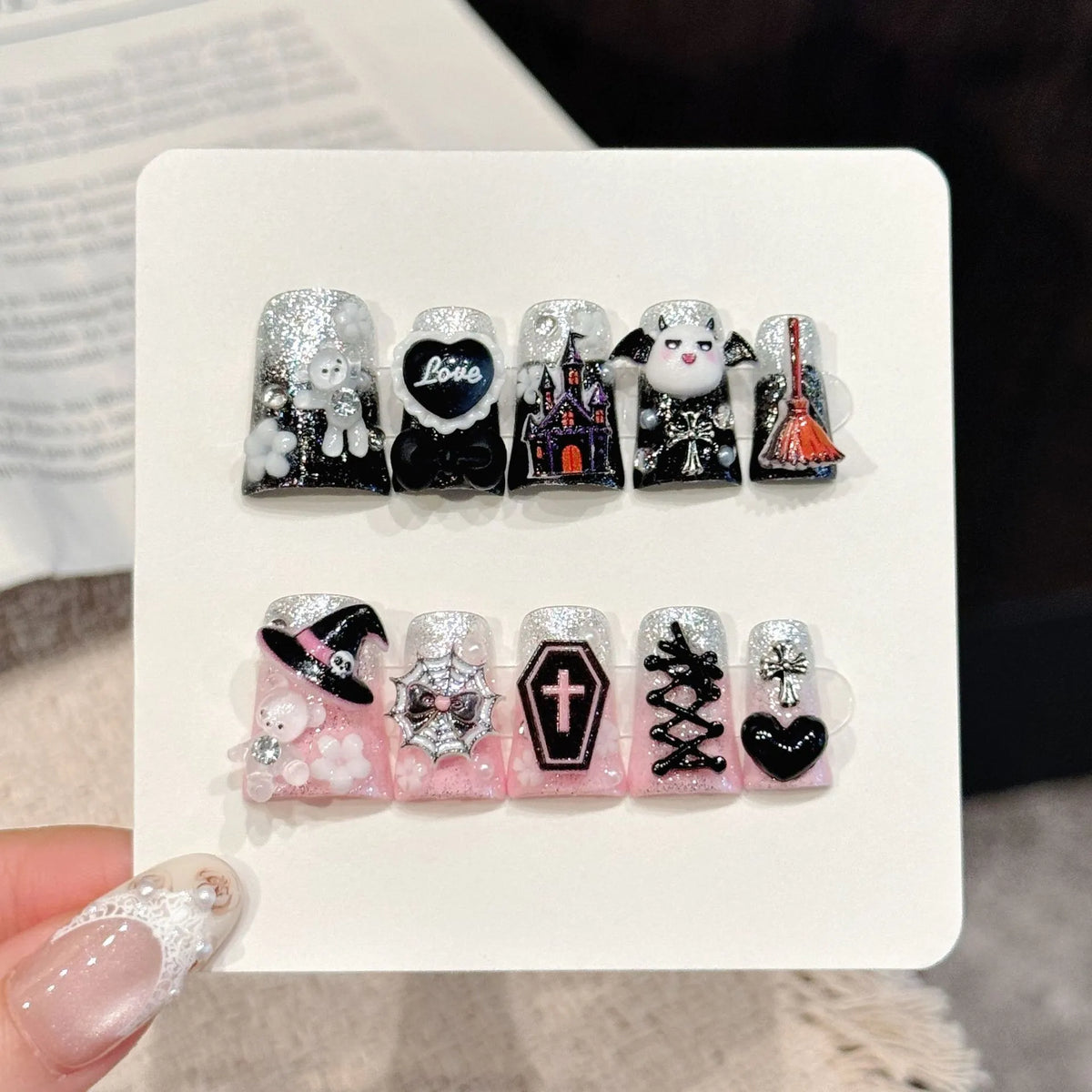 Devil Night short duck press-on nails with AB effect black pink halloween gothic design on hand - lifestyle shot 😈🖤