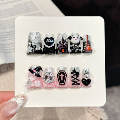 Devil Night short duck press-on nails with AB effect black pink halloween gothic design on hand - lifestyle shot 😈🖤