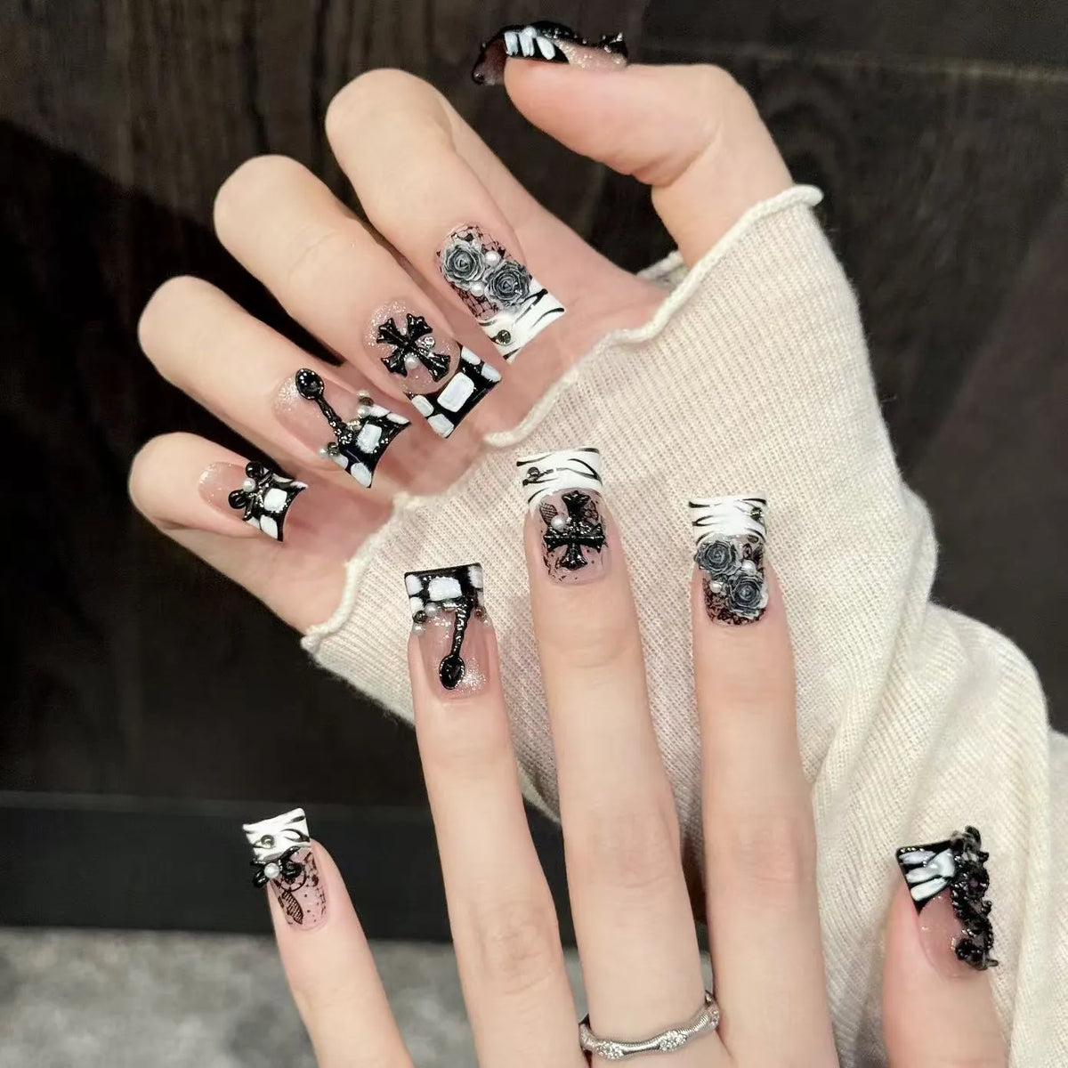 Dragon Rose duck nails angled view showing fierce gothic punk design and alternative art 🐉