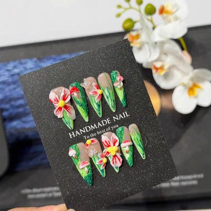 Additional lifestyle view of NM-A027 mushroom meadow and floral Long Stiletto press-on nails