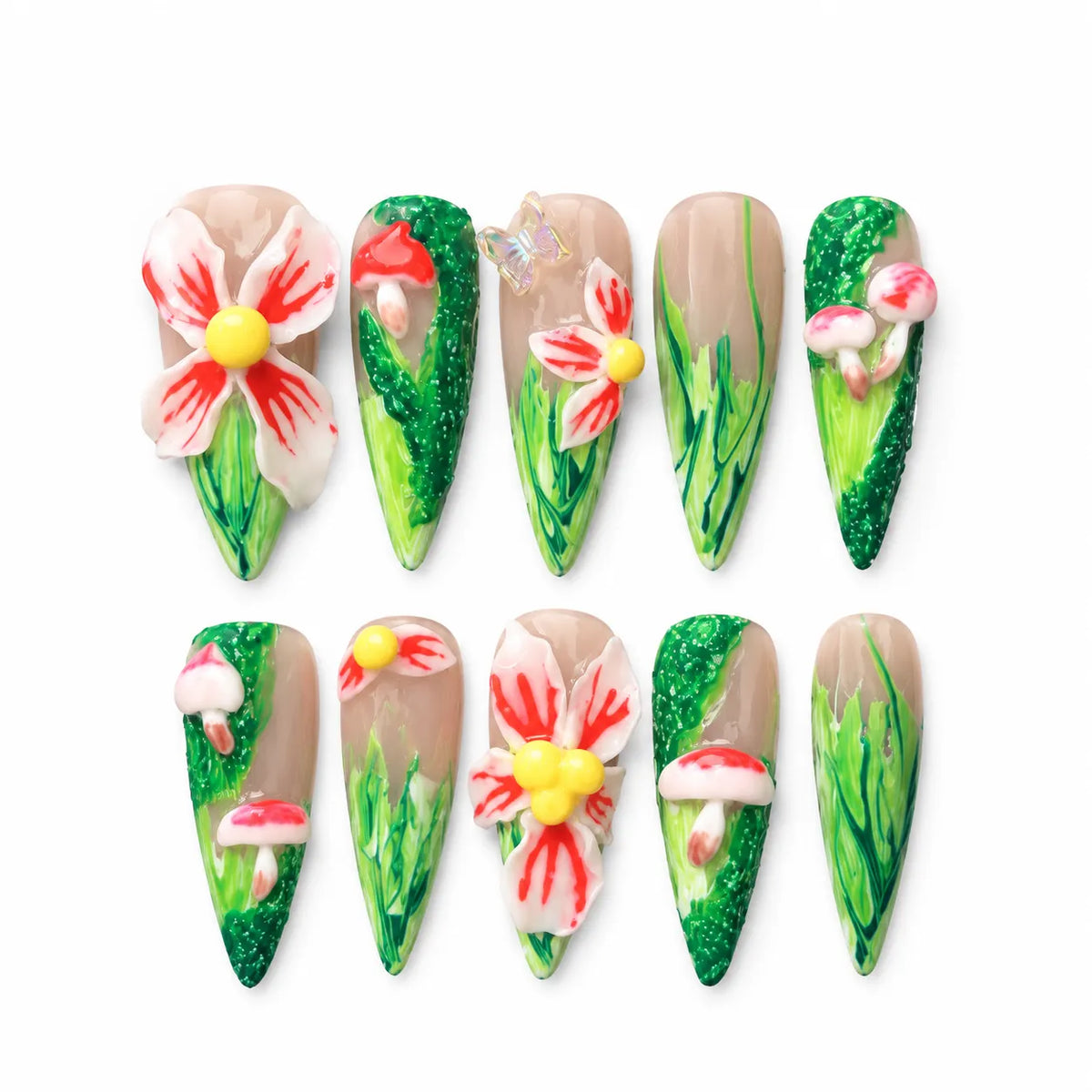 Enchanted Mushroom Meadow NM-A027 Long Stiletto nail set with 3D flowers mushrooms and green grass art