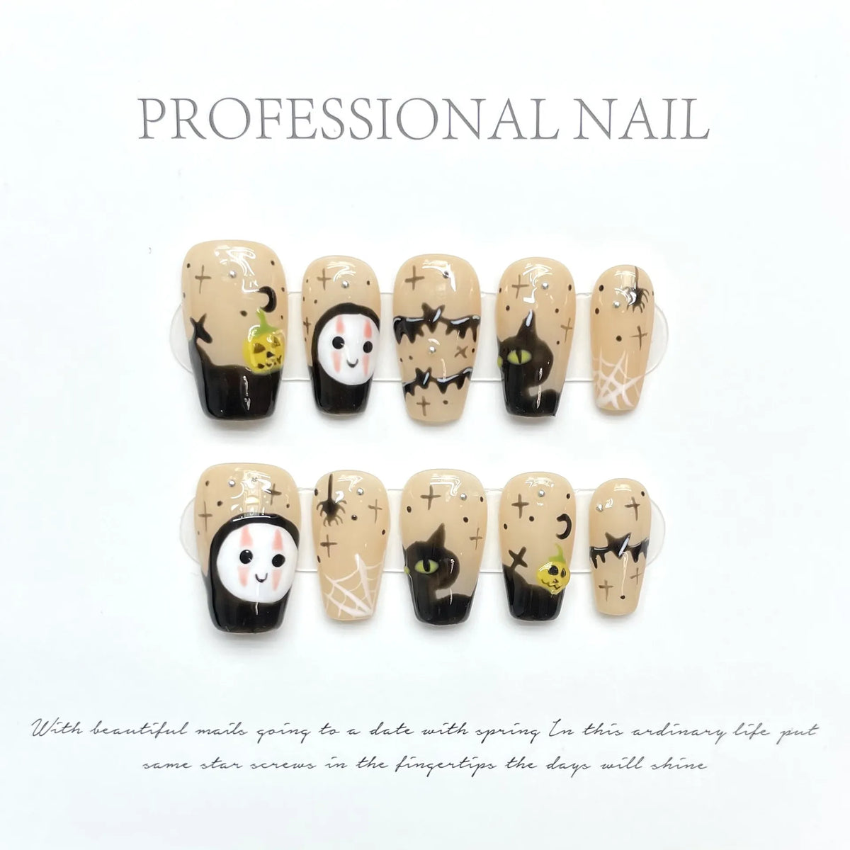 Faceless Pumpkin short coffin press-on nails with quirky character and pumpkin design on hand - lifestyle shot 🎃👻