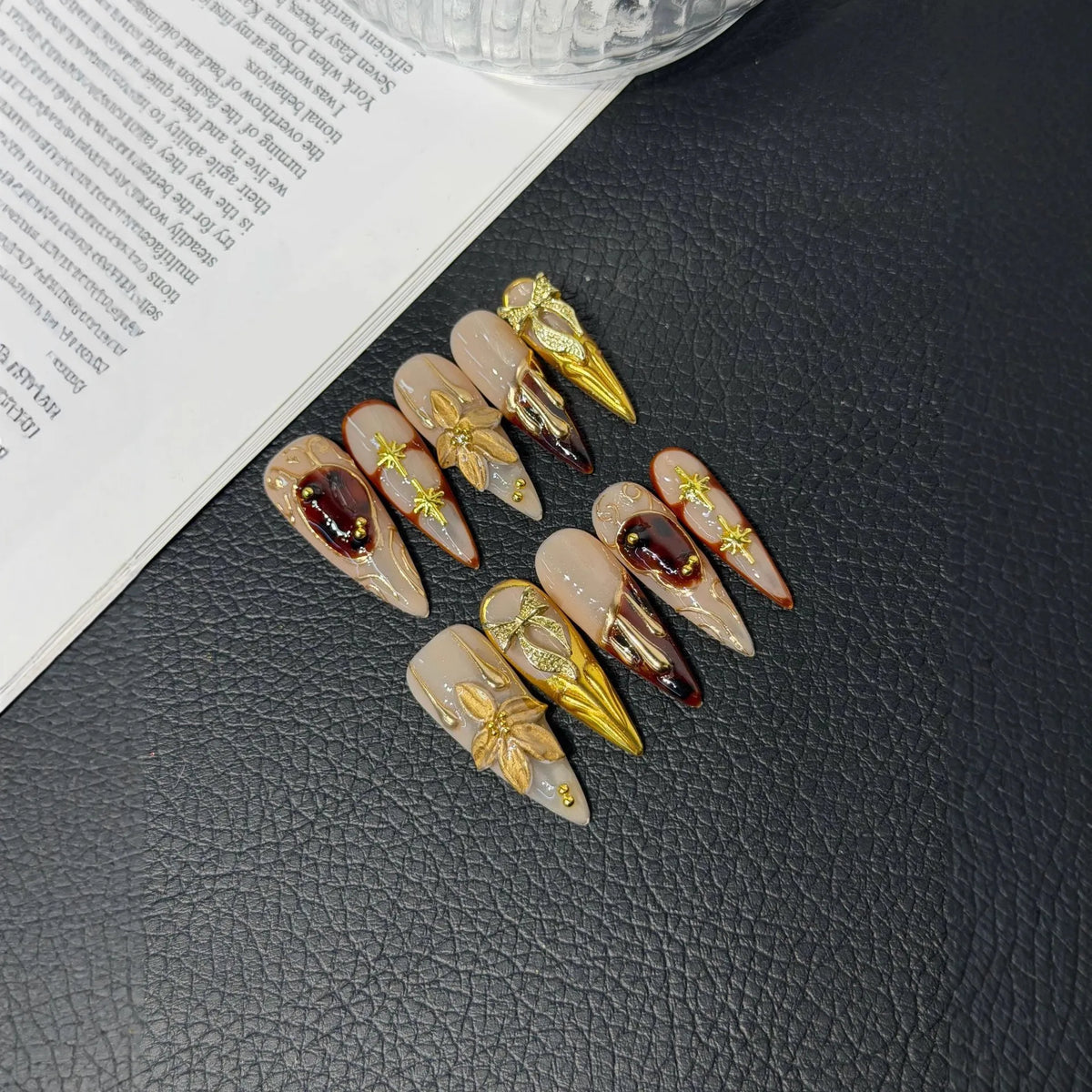 Additional lifestyle view of Gilded Court Fleur Baroque floral Long Stiletto nails