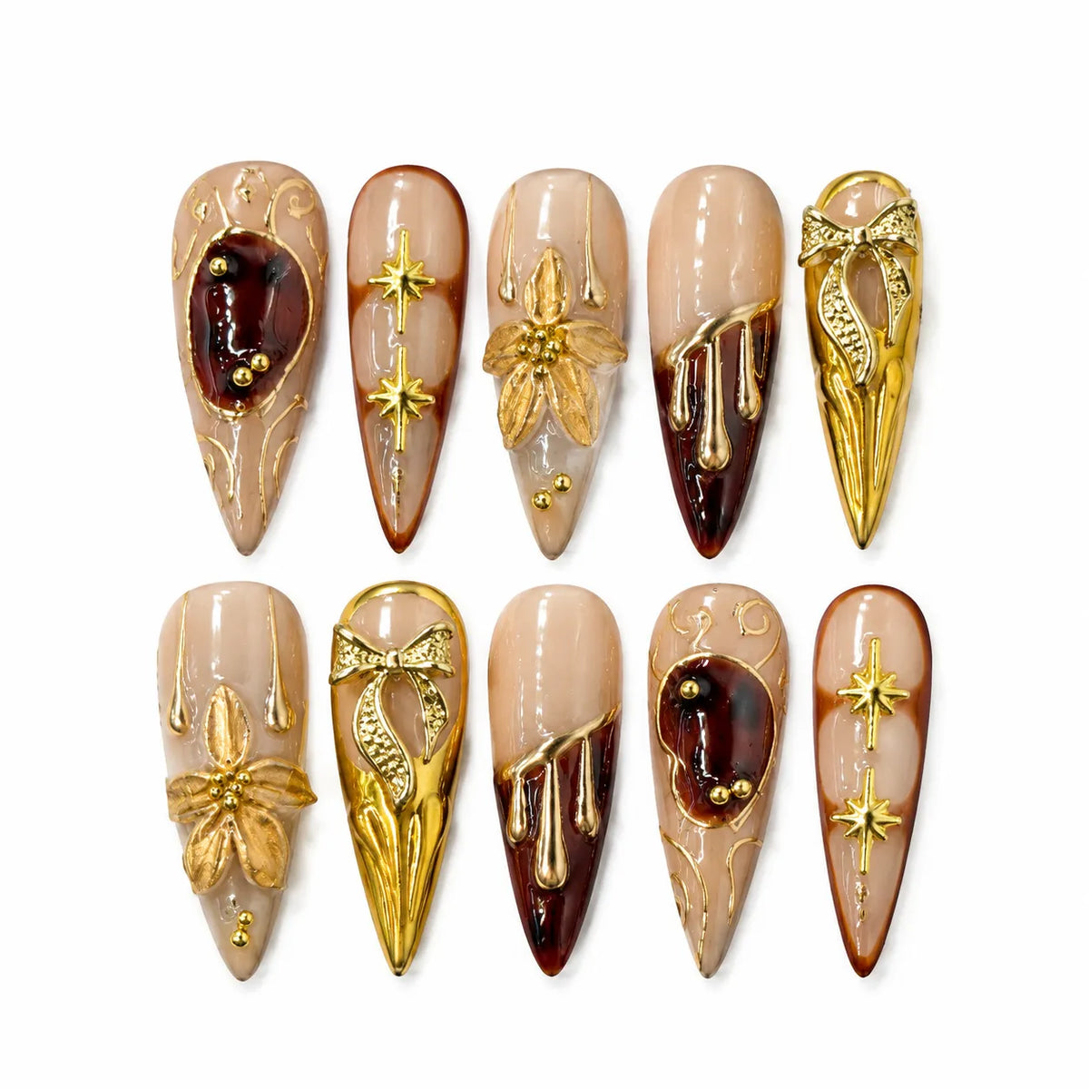 Gilded Court Fleur NM-C123 Long Stiletto press-on nail set with gold flowers bows stars and wine accents