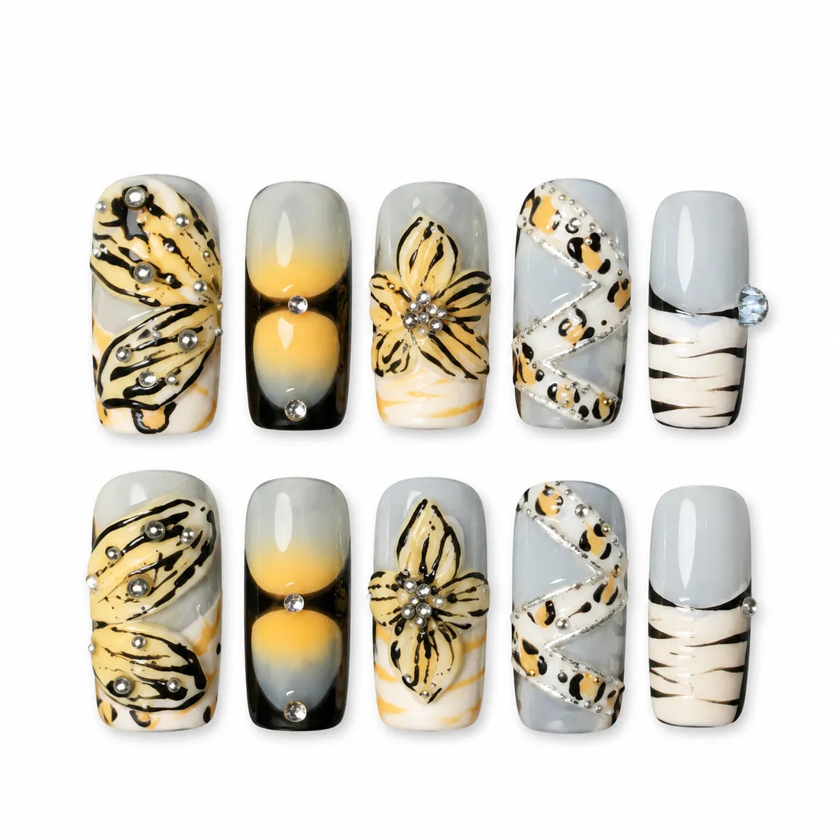 Golden Butterfly Reverie NM-A030 Medium Coffin nail set with sculpted butterflies yellow ombre and crystals