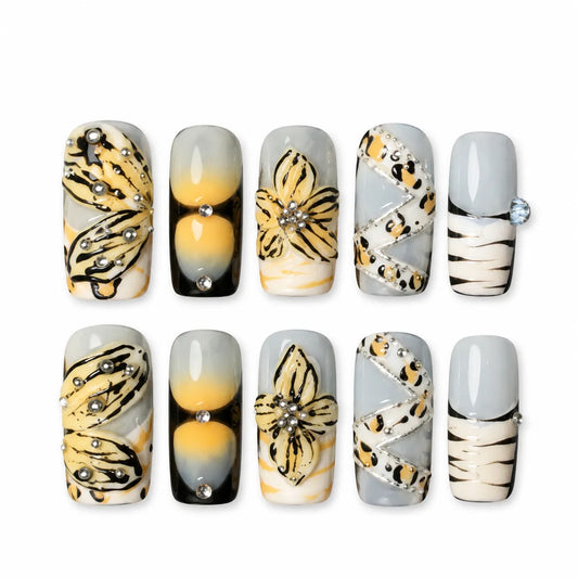 Golden Butterfly Reverie NM-A030 Medium Coffin nail set with sculpted butterflies yellow ombre and crystals