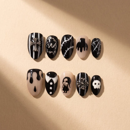 Gothic Shadow 10-piece handmade press-on nail set with 3D cross, skull, and gothic designs - product flat lay 💀