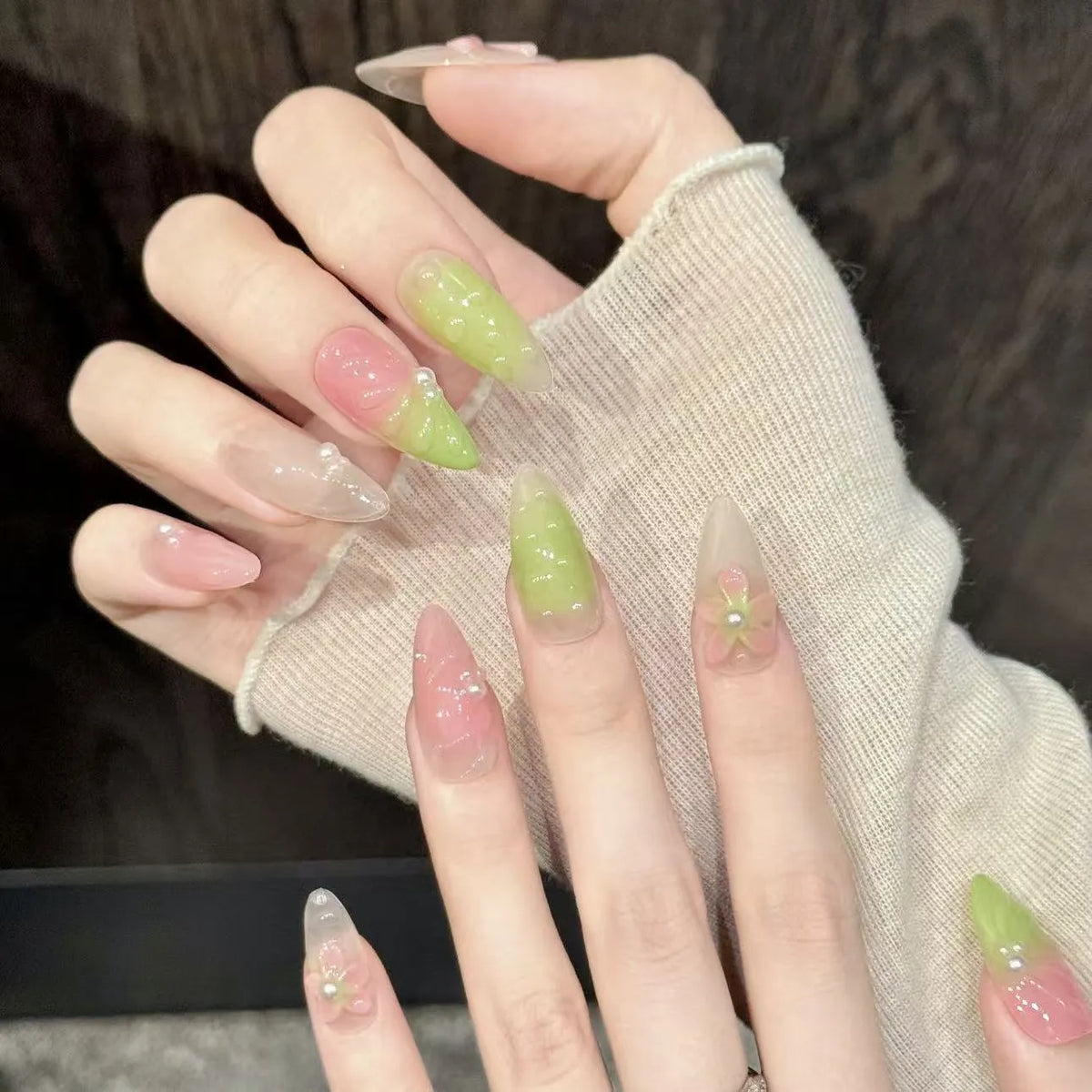 Close-up detail of Green Grape soft green gradient, 3D sculpted flowers, and gentle color contrast 🌸🤍