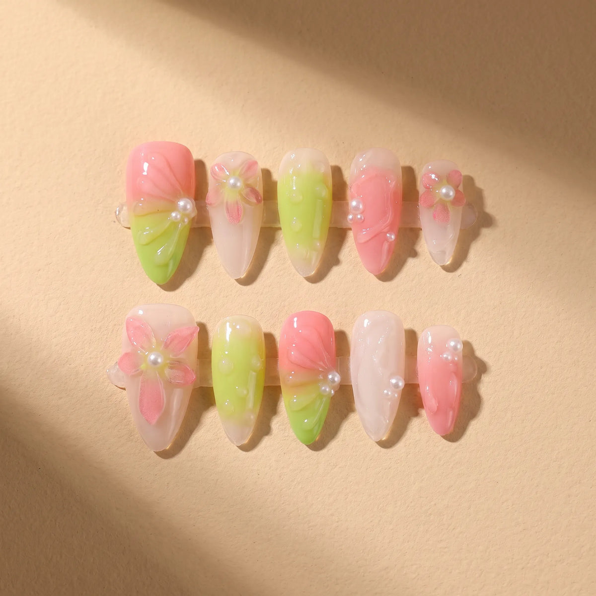 Green Grape 10-piece handmade press-on nail set with gradient and 3D flower designs - product flat lay 🍇