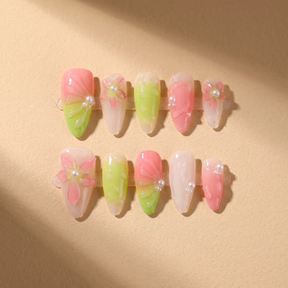 Green Grape 10-piece handmade press-on nail set with gradient and 3D flower designs - product flat lay 🍇