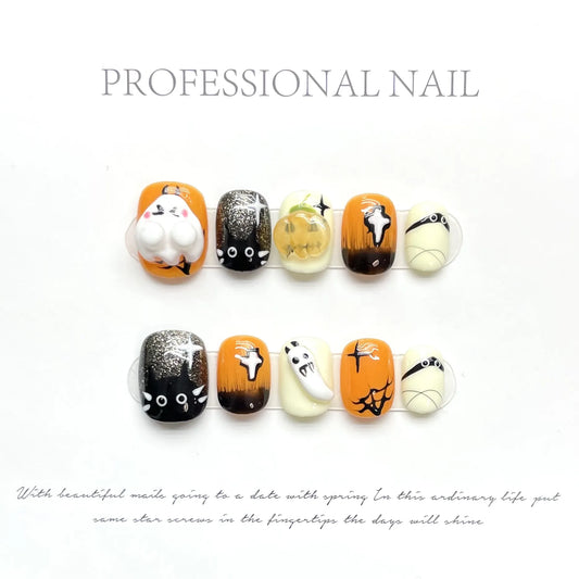 Cute Halloween cat eye devil short oval press-on nails with rainbow magnetic effect 😈🌈✨