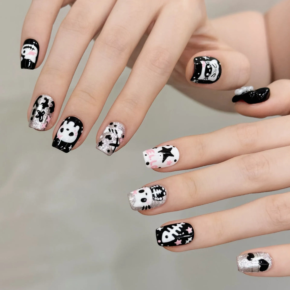 Halloween cat ghost short square press-on nails 3109 worn on hands
