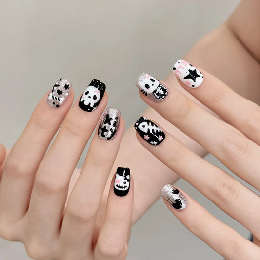 Halloween cat ghost short square press-on nails 3109 shown in a lifestyle hand view