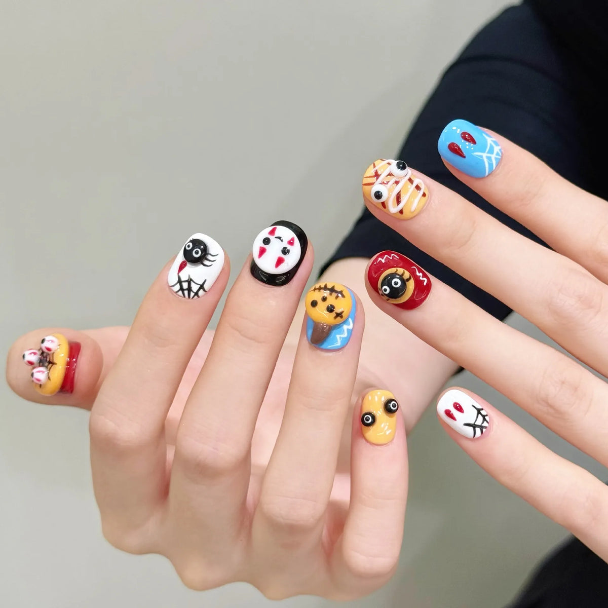 Halloween party monster short oval press-on nails 3032 worn on hands
