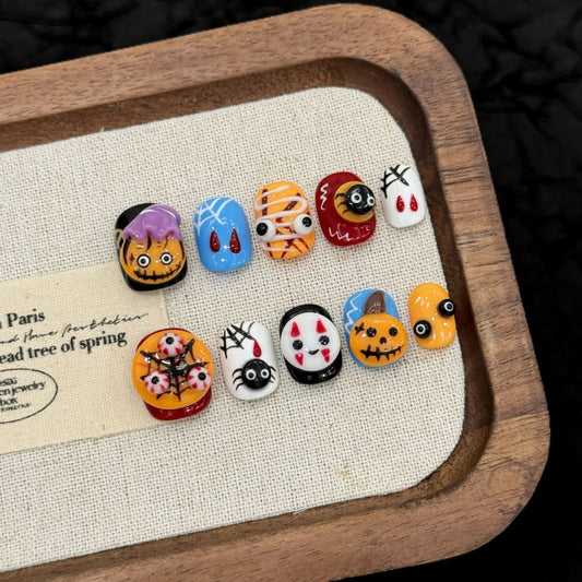 Halloween party monster short oval press-on nails 3032 arranged as a handmade 3D set