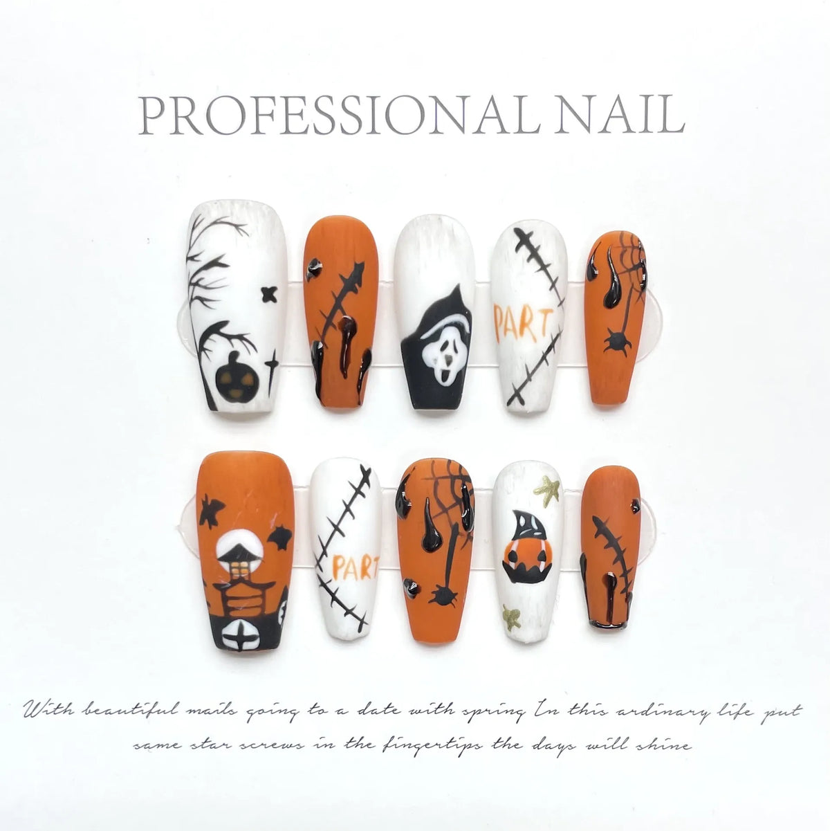 Halloween Pumpkin medium coffin press-on nails with quirky pumpkin design on hand - lifestyle shot 🎃✨