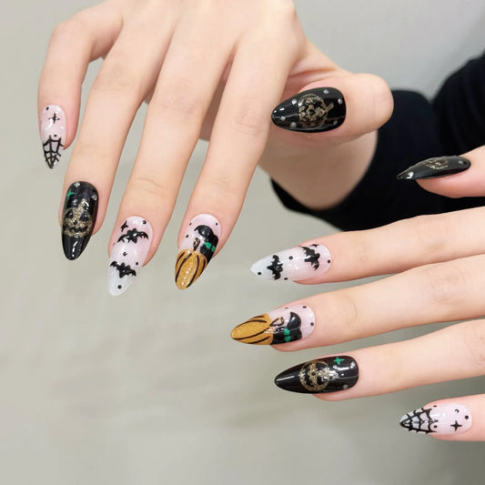 Halloween pumpkin devil medium almond press-on nails 3029 worn on hands
