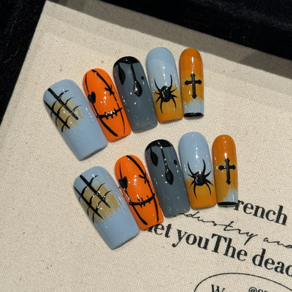 Halloween Stitch Spider long square press-on nail set with orange gray gradients, webs and black spiders