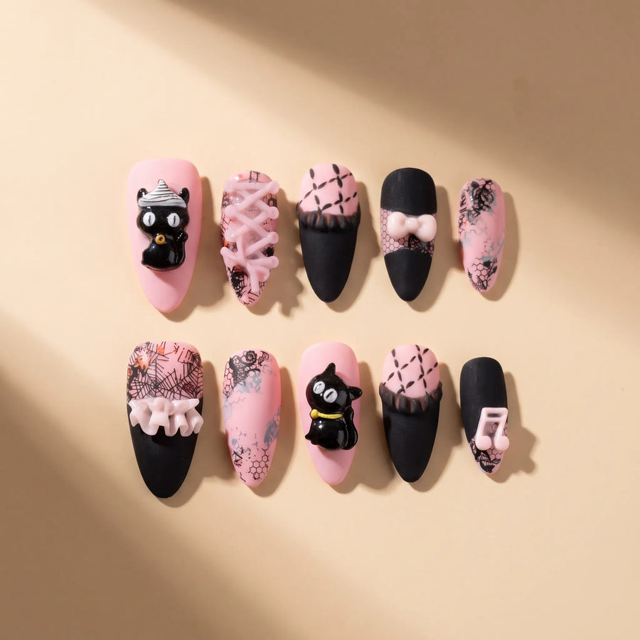 Honey Cat 10-piece handmade press-on nail set with cat and bow designs - product flat lay 🎀