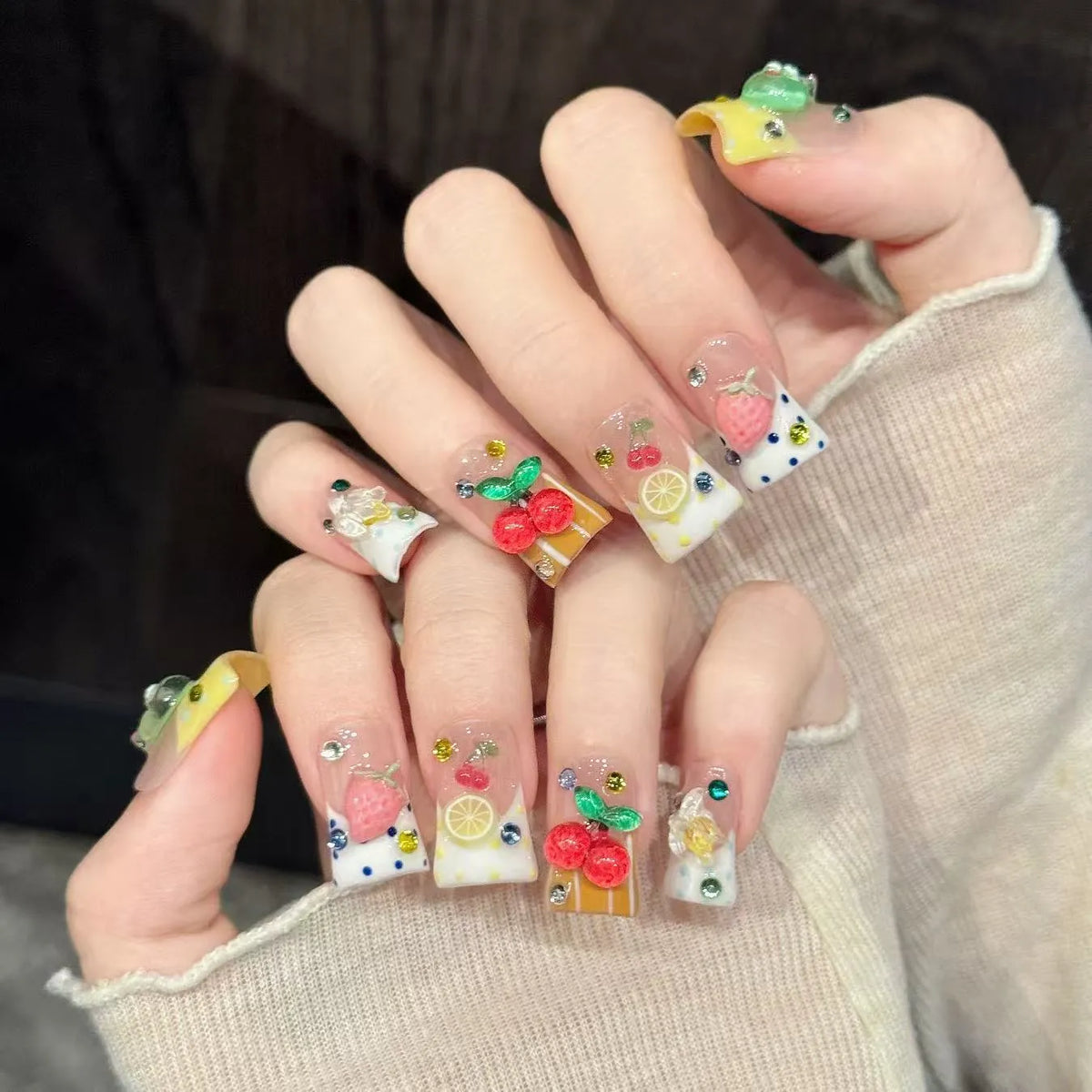 Lemon Fruit duck nails angled view showing playful kawaii and energetic fruit art 🍋