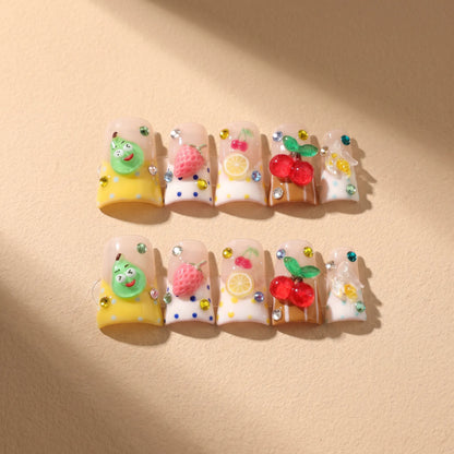Lemon Fruit 10-piece handmade press-on nail set with fruit designs - product flat lay 🍓