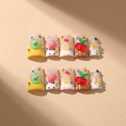 Lemon Fruit 10-piece handmade press-on nail set with fruit designs - product flat lay 🍓