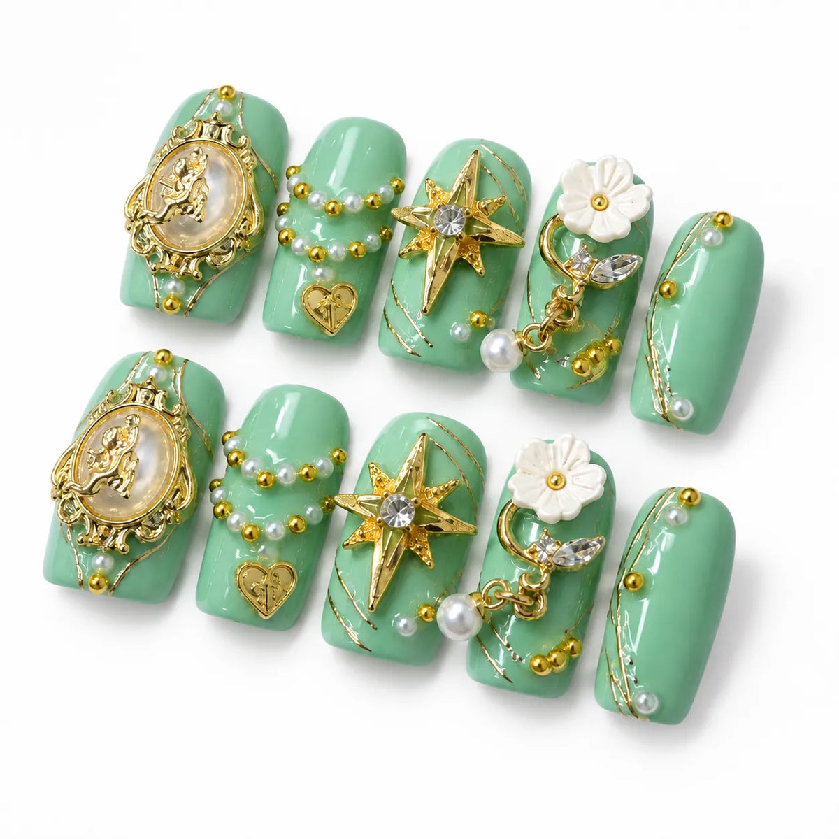 Detailed view of NM-C126 Medium Coffin nails with heart locks white flowers and dangling pearl charms